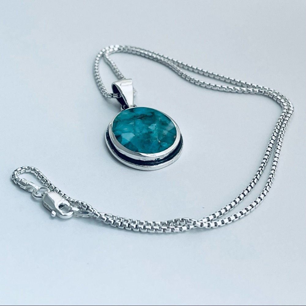 Sterling Silver Large Round Genuine Turquoise Necklace, Boho Necklace